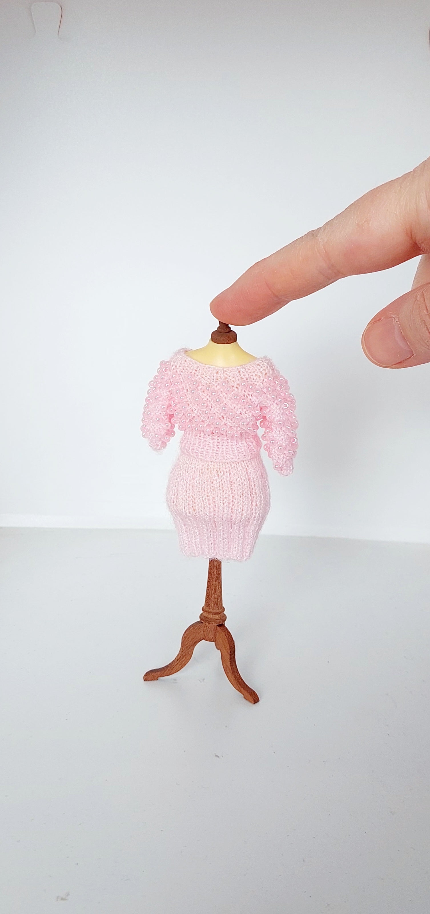 Miniature Pearl Beaded Sweater and Skirt Set for Dollhouse Doll – 1:12 Scale