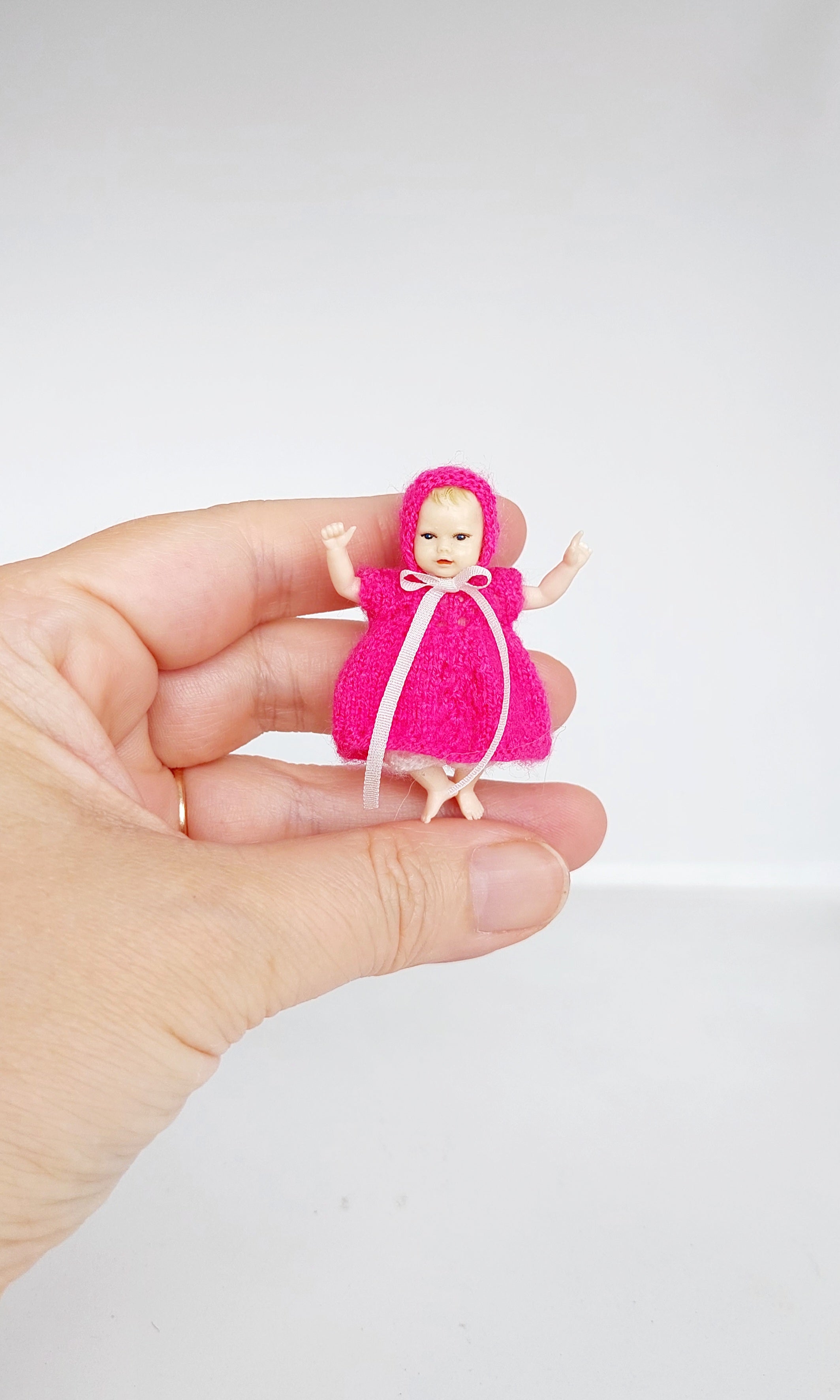 Handmade Dollhouse Miniature Baby Dress, Hat and pants Set
