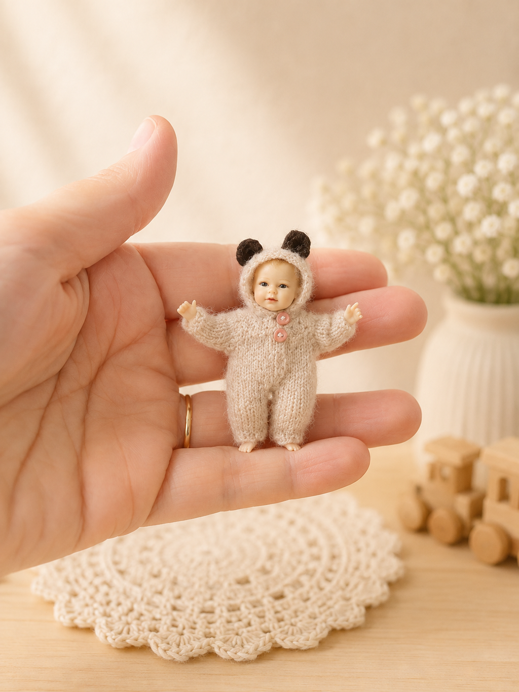 Miniature bear romper – handknit baby doll onesie for 1:12 dollhouse