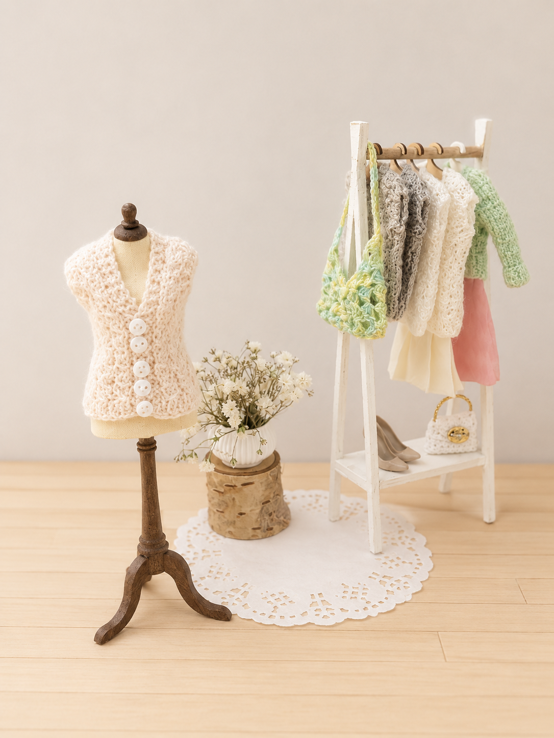 Hand knitted dollhouse miniature waistcoat – 1:12 scale doll vest for 5.5 inch dolls