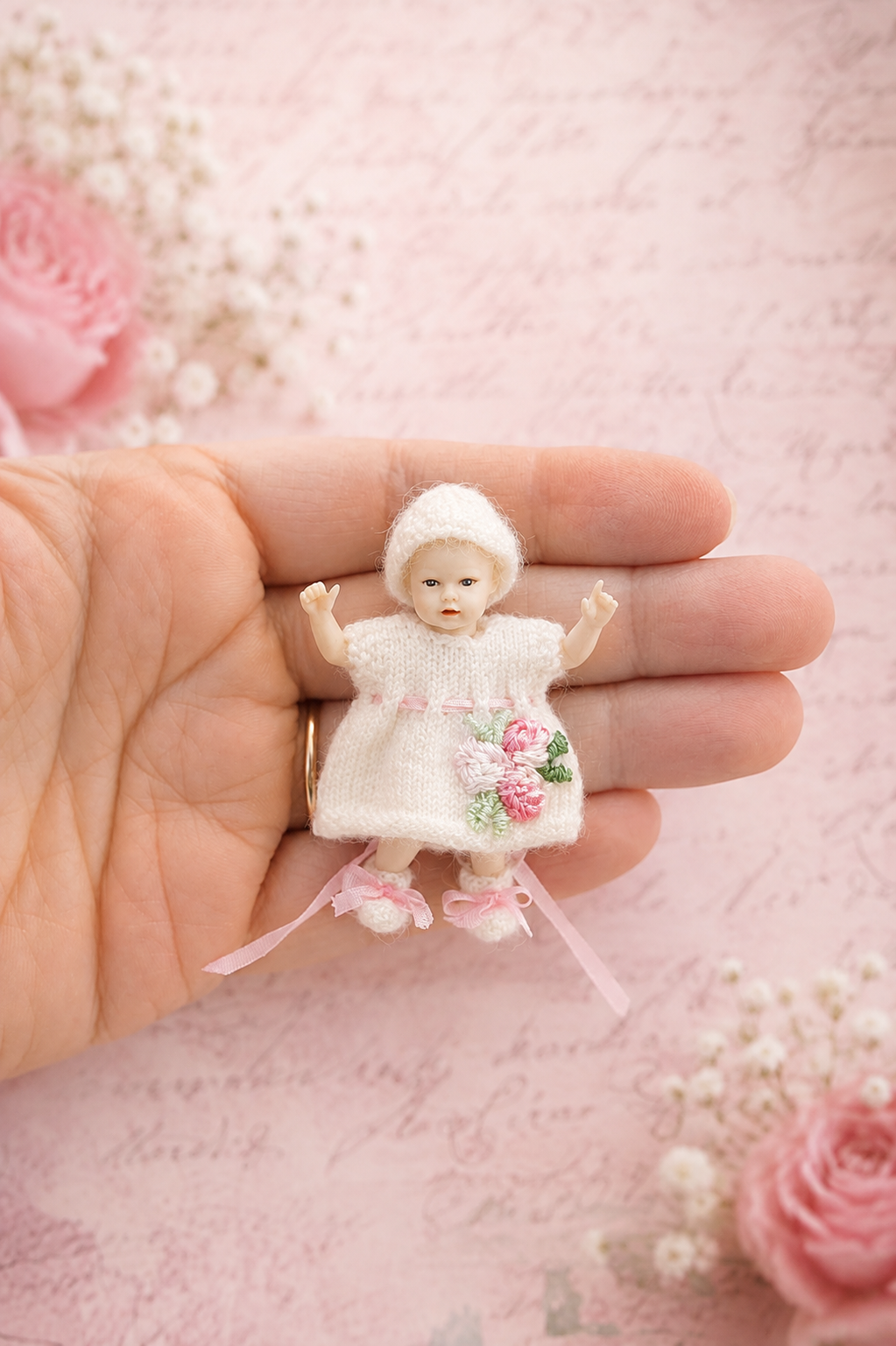 1:12 dollhouse miniature baby doll dress, hat and bootees set – handknitted, made in Finland