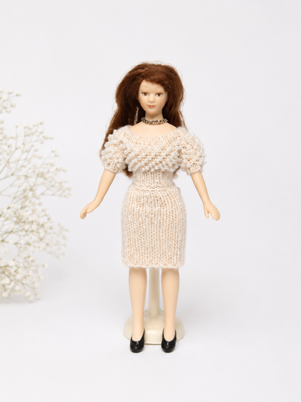 Miniature Pearl Beaded Sweater and Skirt Set for Dollhouse Doll – 1:12 Scale