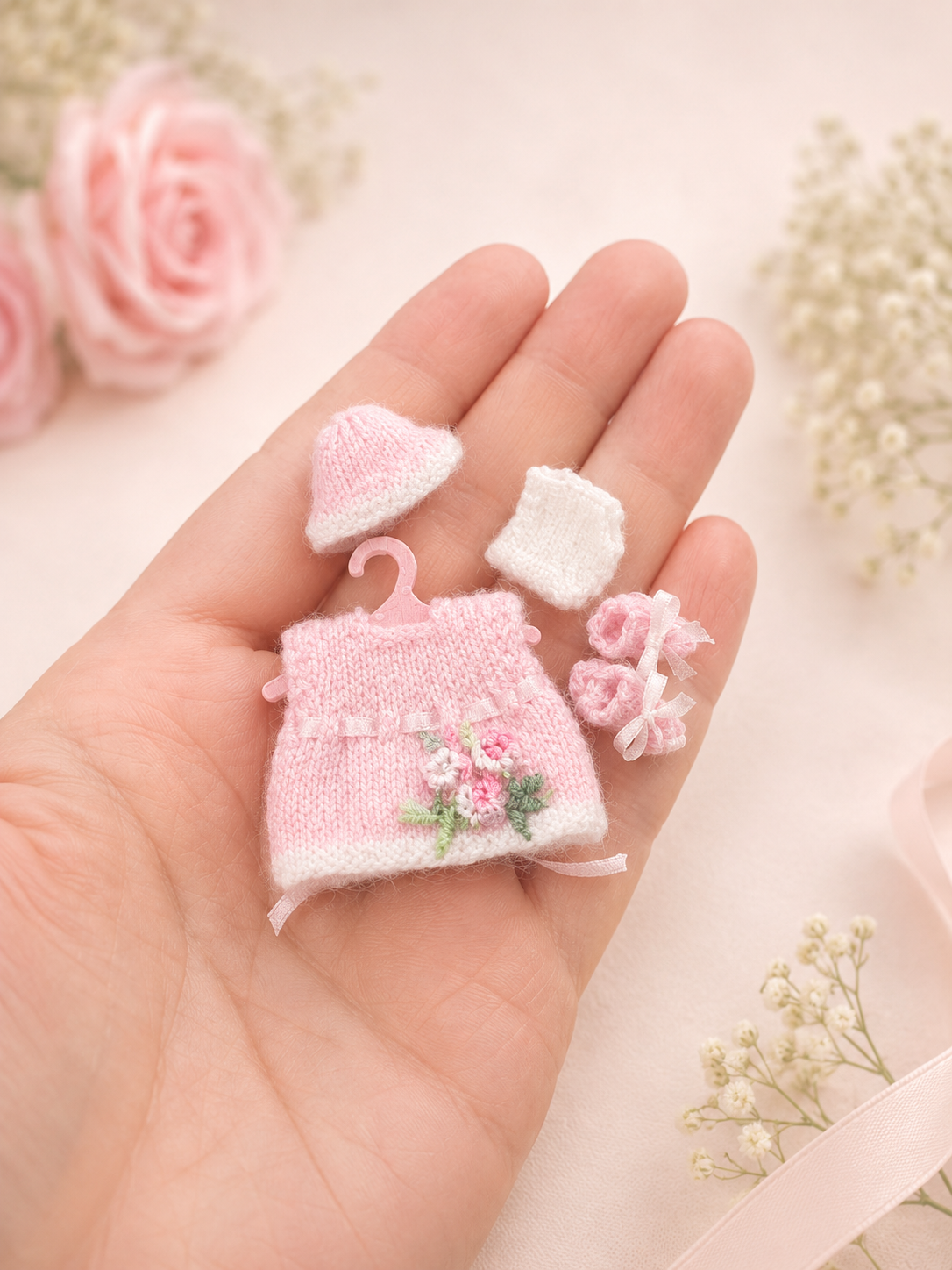 Tiny handknitted pink baby doll outfit with dress, hat and bootees – 1:12 dollhouse