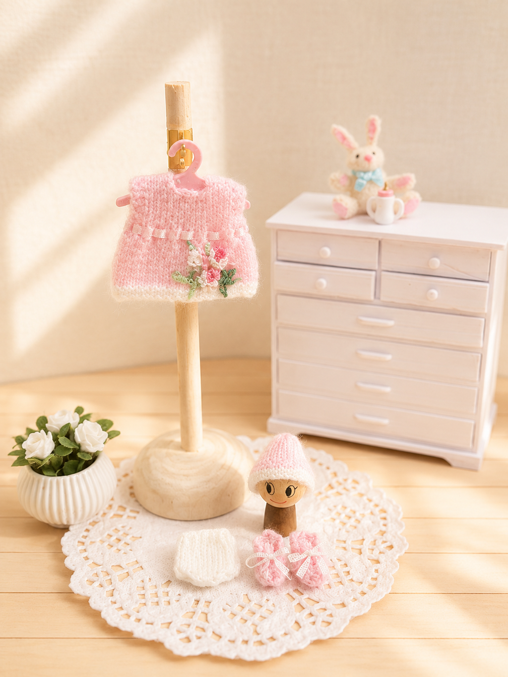Handmade miniature pink baby outfit with dress, hat and bootees – 1:12 scale dollhouse