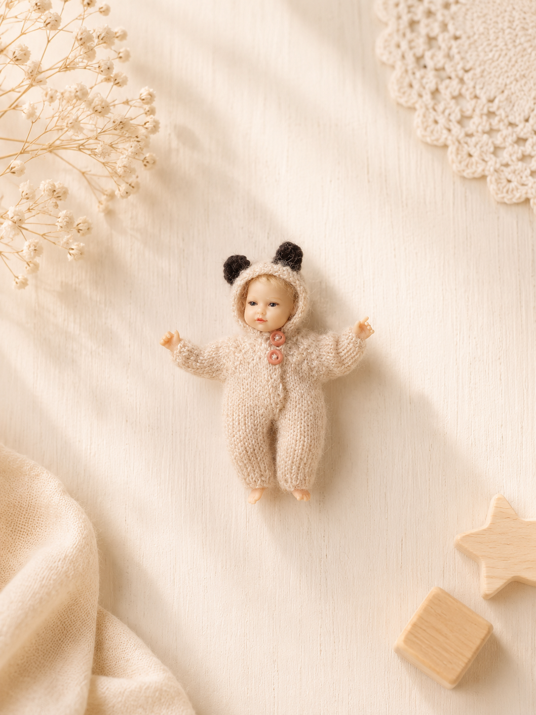 Tiny knitted bear romper for dollhouse doll – handmade 1:12 scale baby onesie