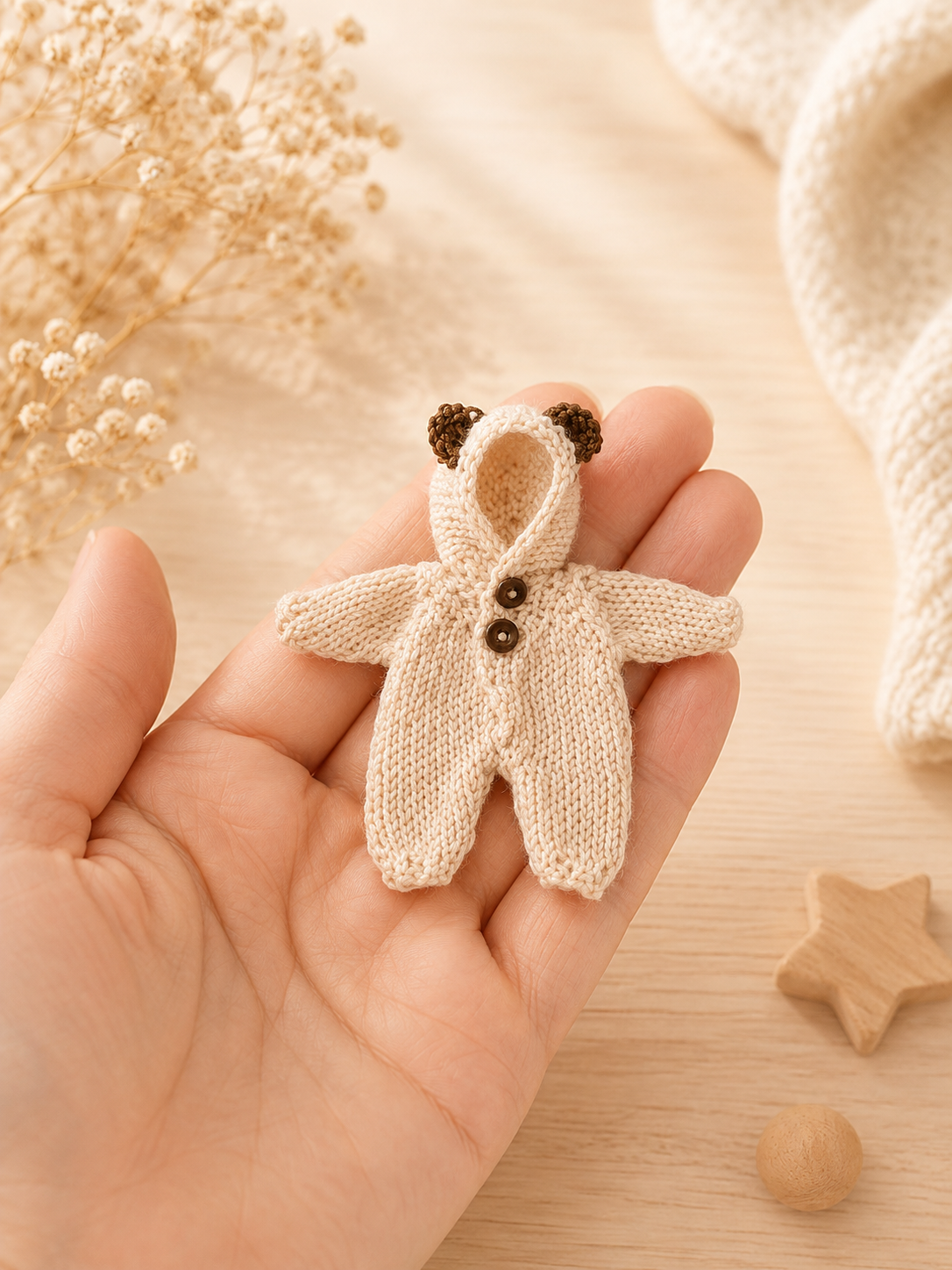 Miniature bear onesie for 1:12 dollhouse – handknitted baby doll romper