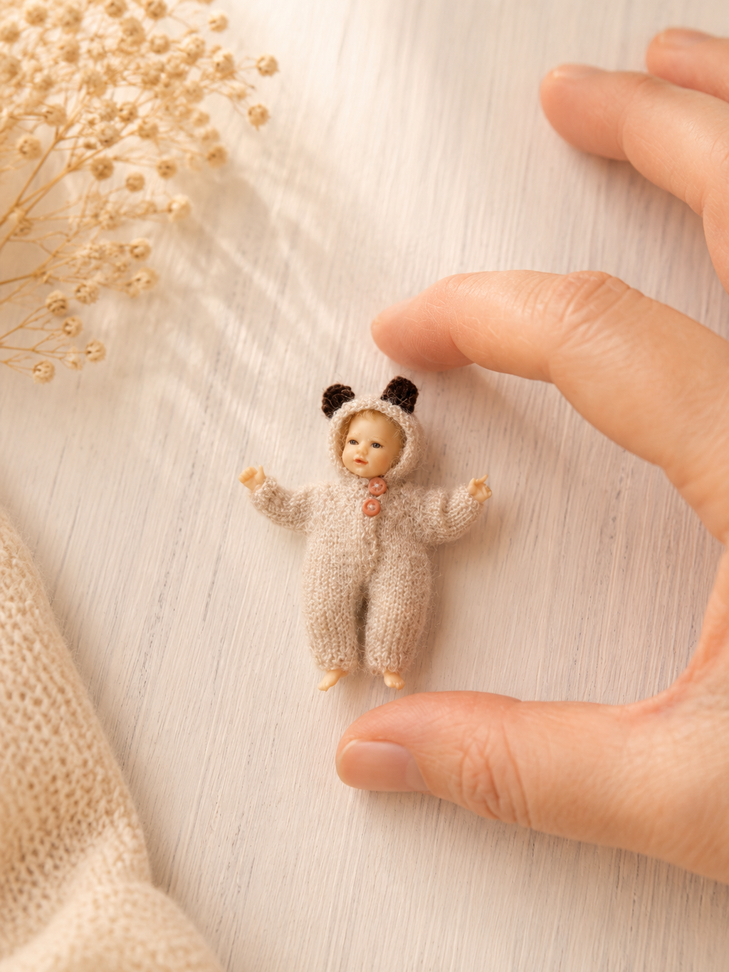Handknitted miniature bear romper in dollhouse setting – 1:12 scale baby outfit