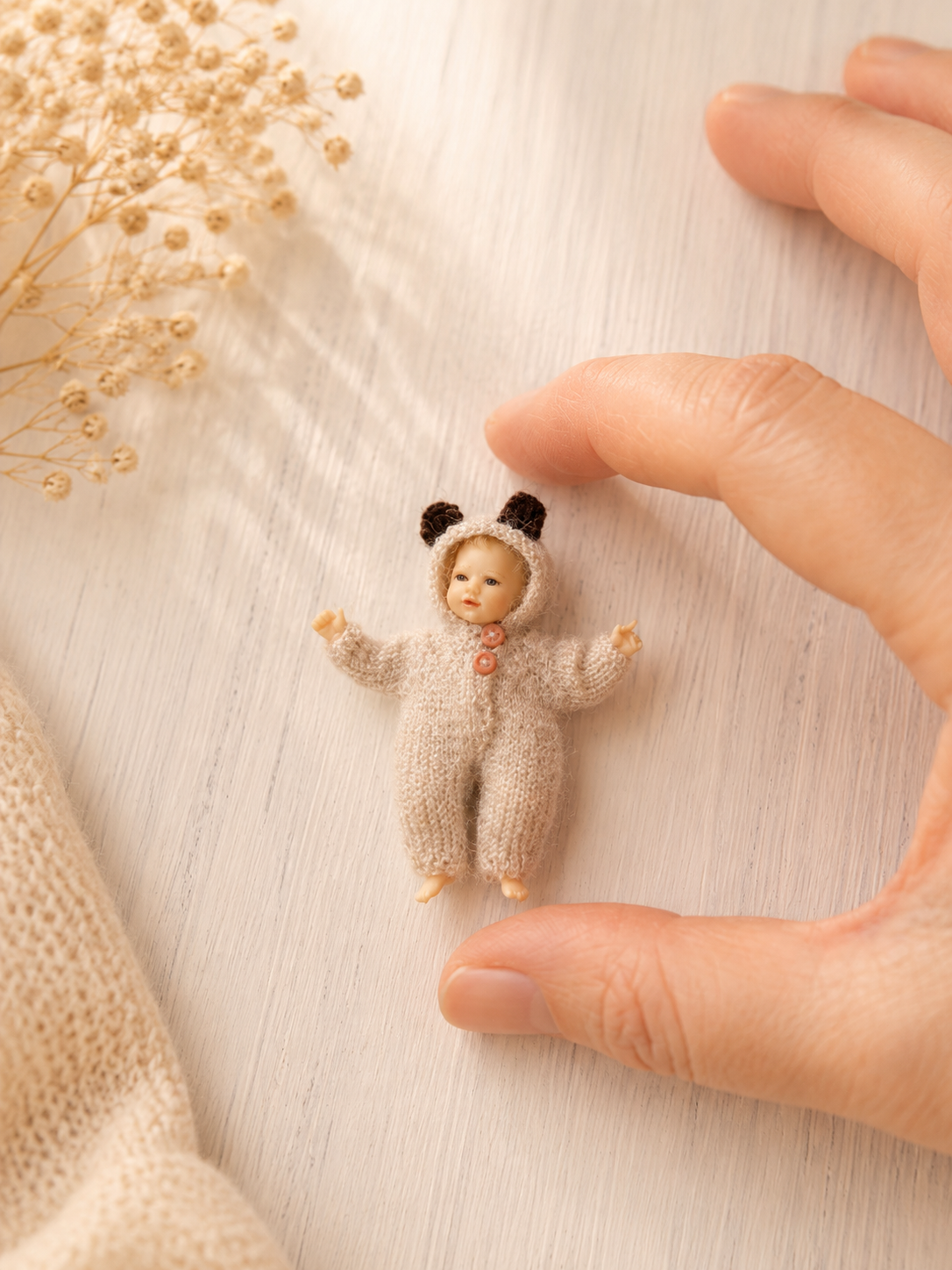 Handknitted miniature bear romper in dollhouse setting – 1:12 scale baby outfit