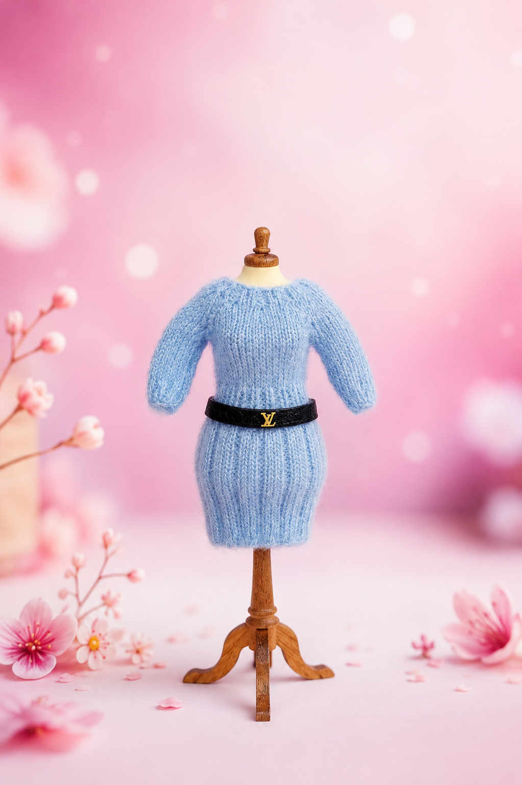 Handknitted miniature sweater dress in blue – 1:12 scale dollhouse doll clothing