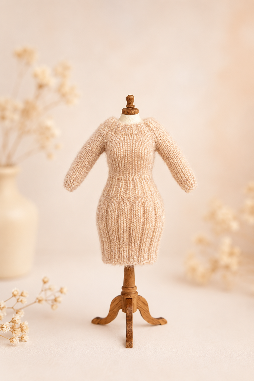 Handknitted miniature sweater dress in beige – 1:12 scale dollhouse doll clothing