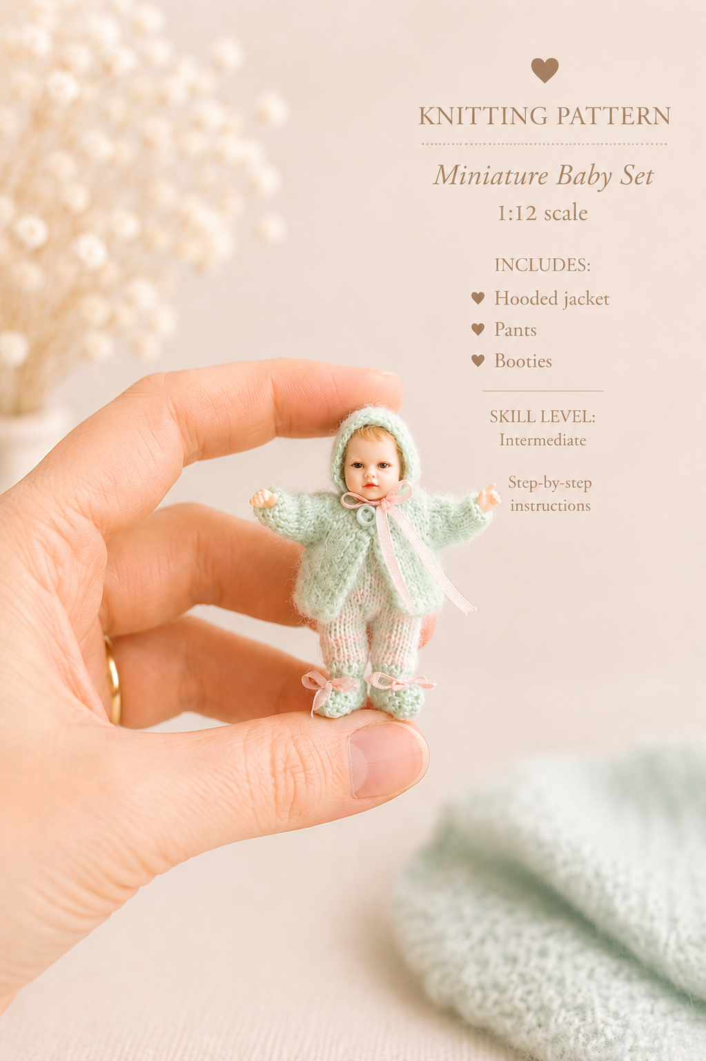 Miniature Doll Clothes Knitting Pattern, 1:12 Scale Baby Outfit (PDF Pattern)