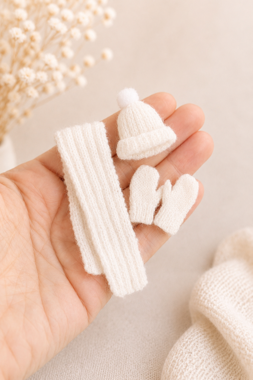 Miniature wool bobble hat, scarf and mitts set – 1:12 scale dollhouse accessory