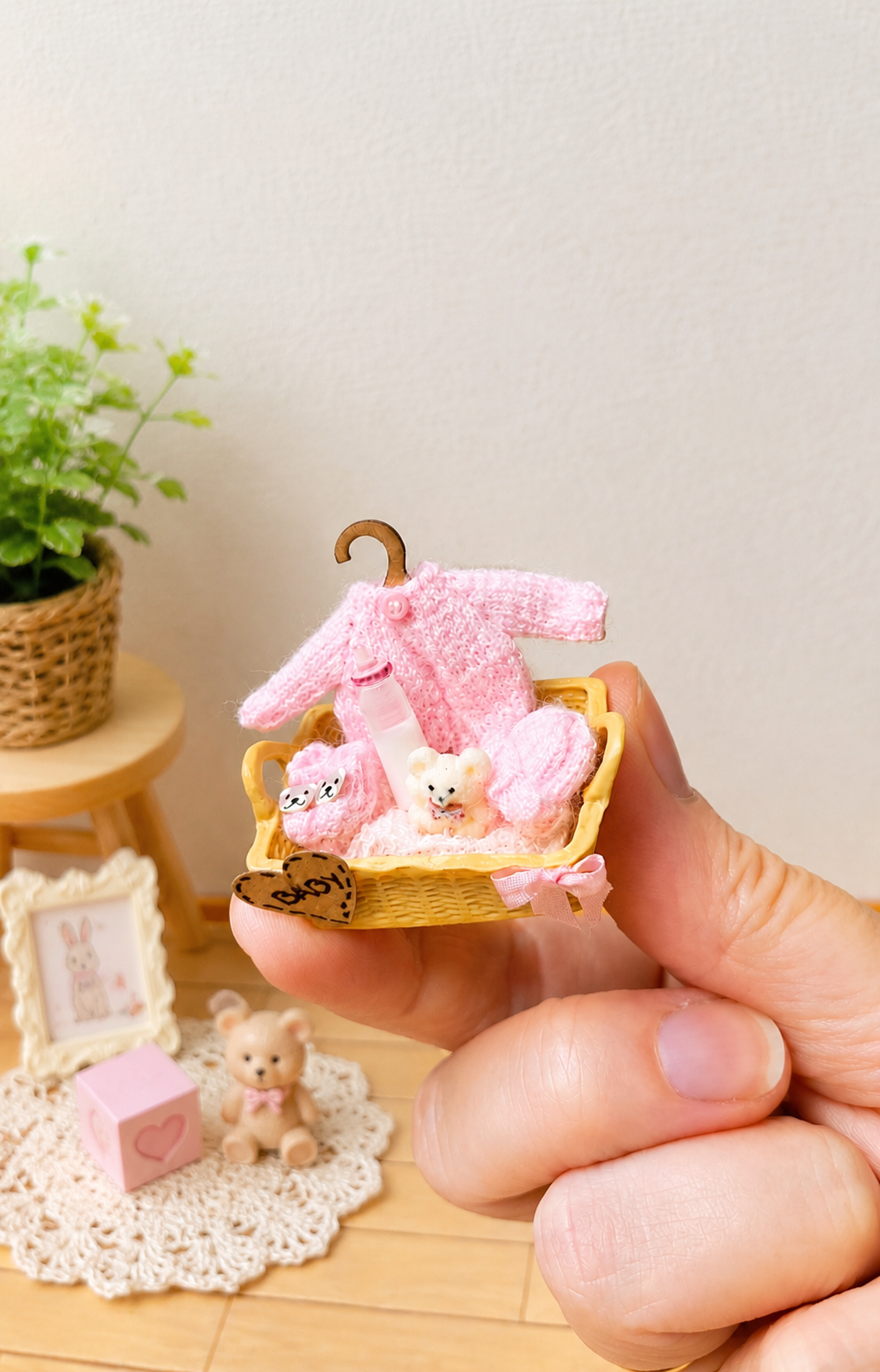 Handmade miniature baby basket with knitted clothes in pink – 1:12 scale dollhouse nursery set