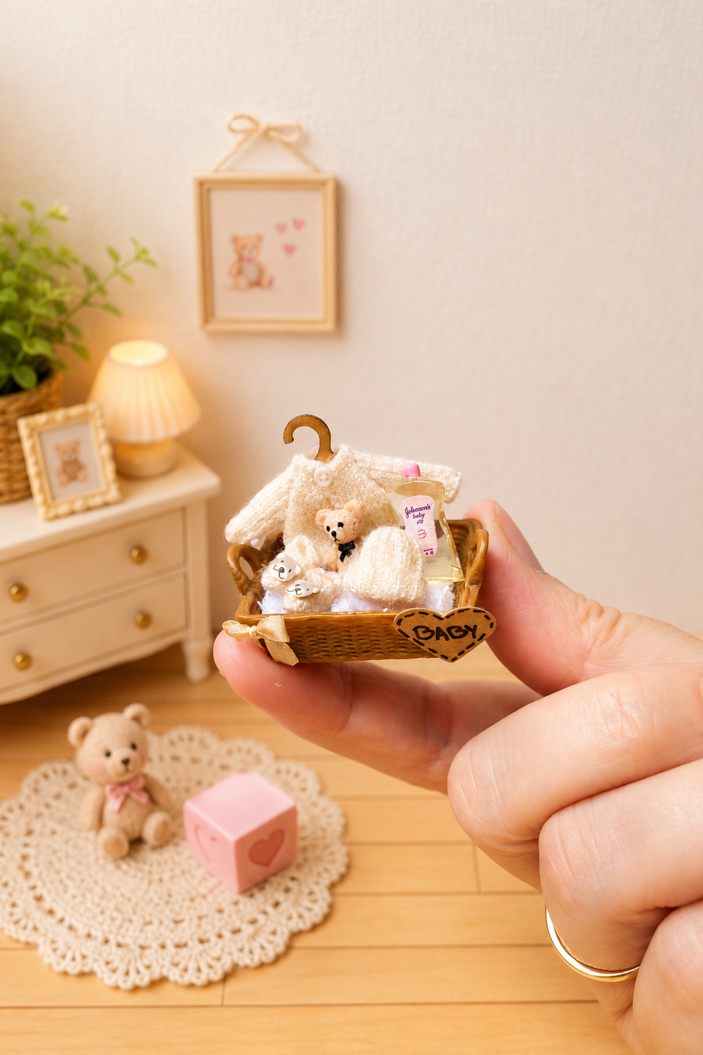 Handmade miniature baby basket with knitted clothes in beige – 1:12 scale dollhouse nursery set