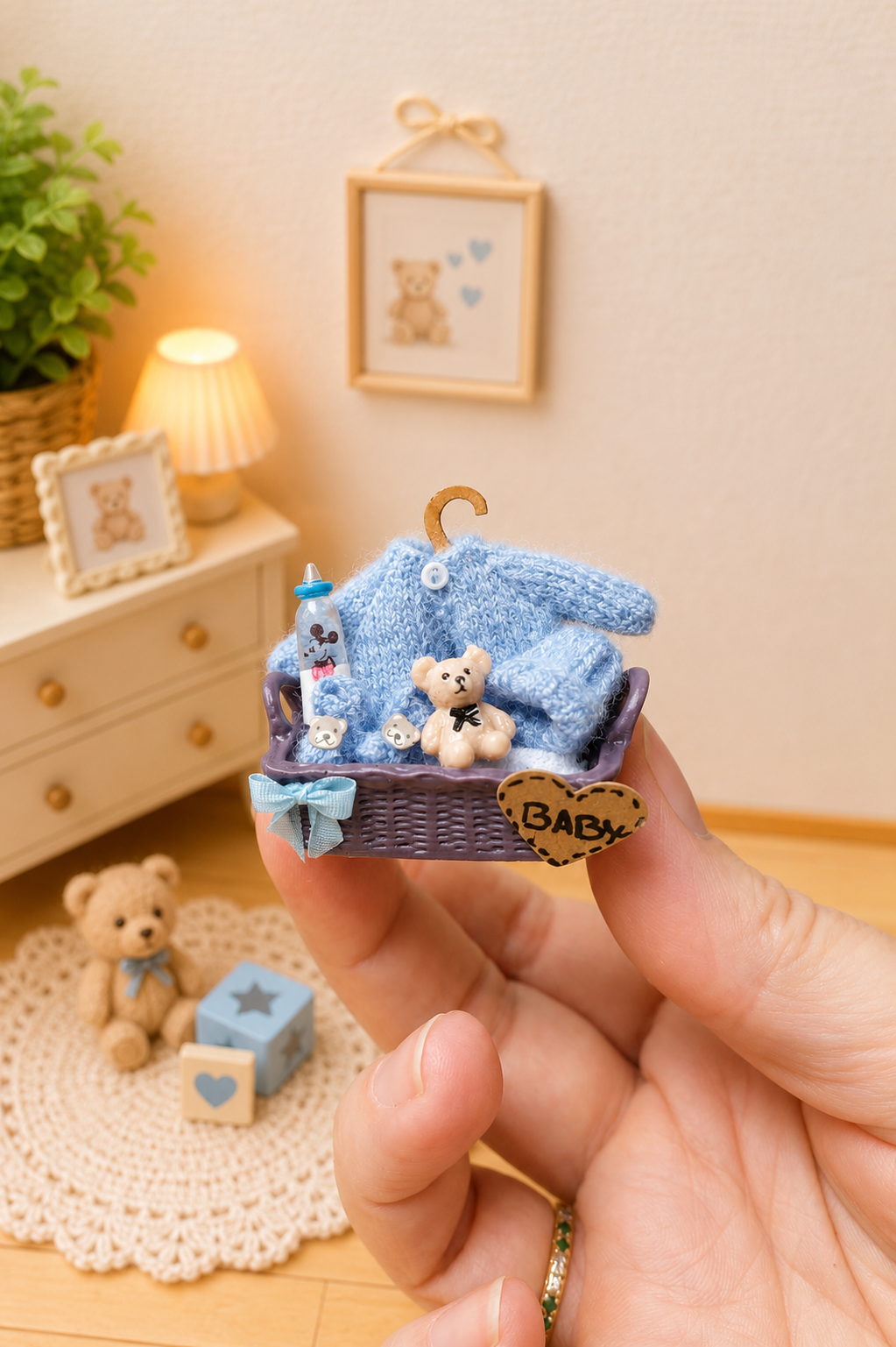 Handmade miniature baby basket with knitted clothes in blue – 1:12 scale dollhouse nursery set