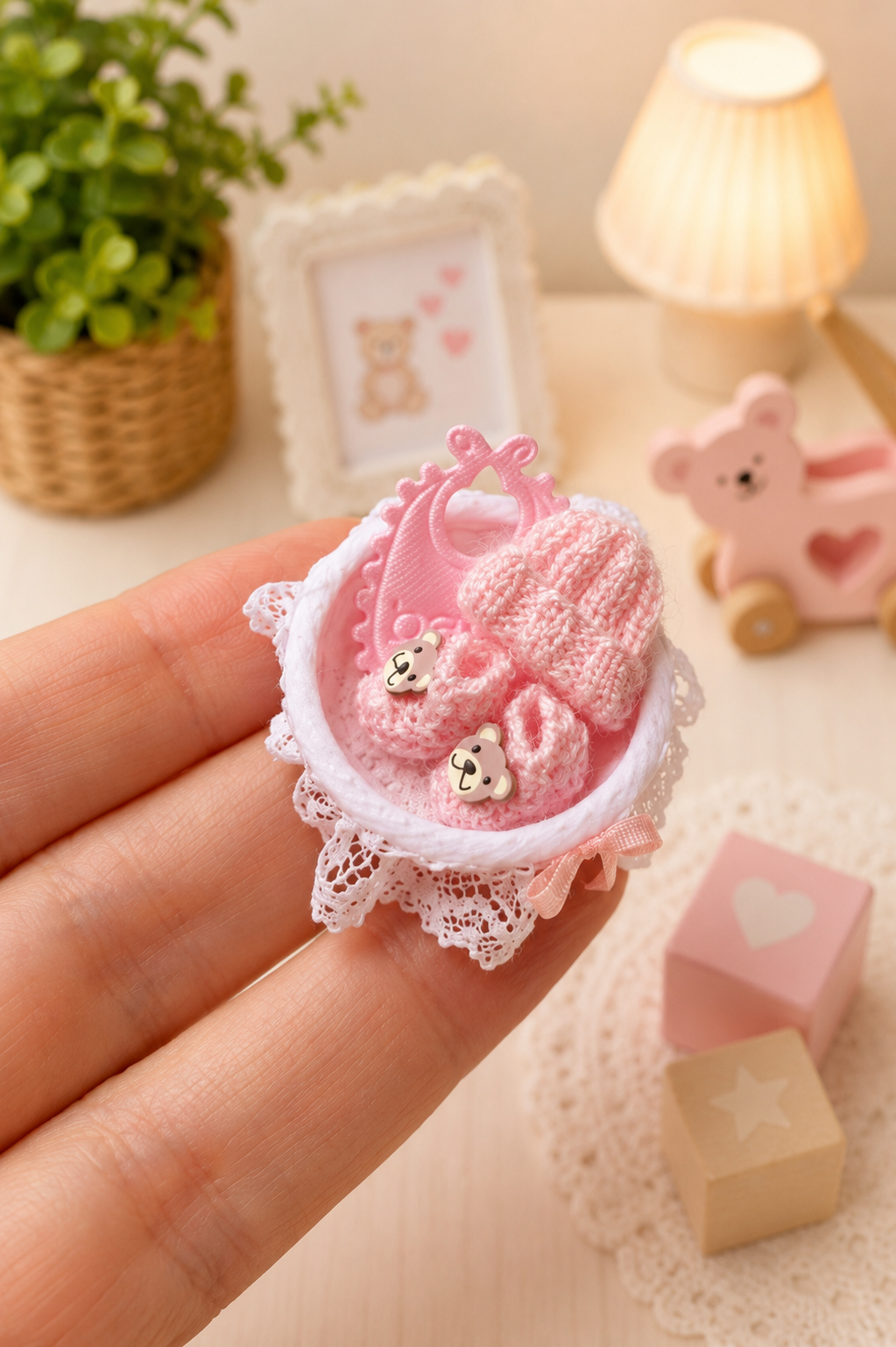Miniature knitted baby bootees and hat in a basket – handmade 1:12 scale dollhouse doll shoes