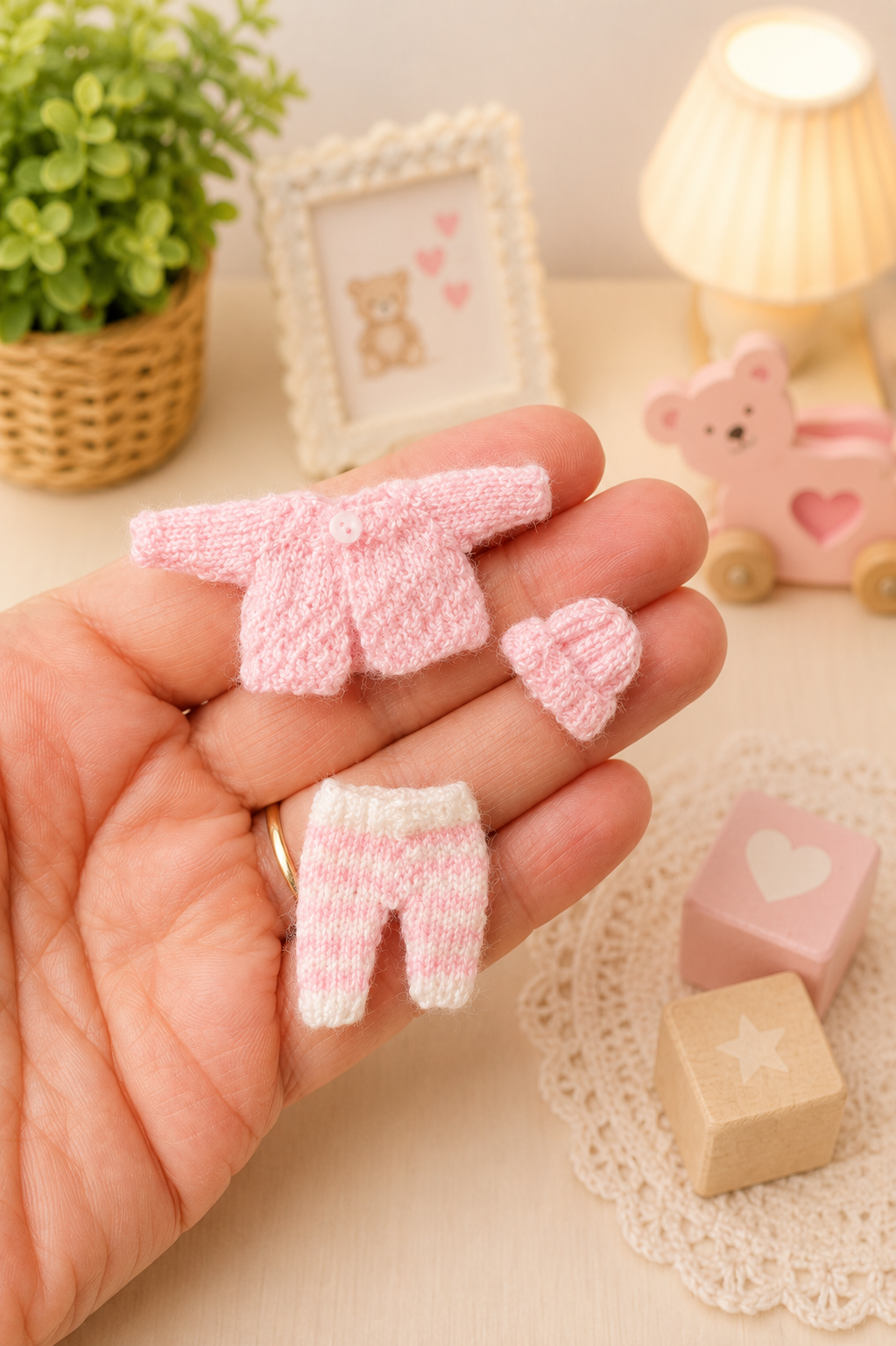 Handknitted miniature pink baby cardigan set – 1:12 scale dollhouse doll clothes