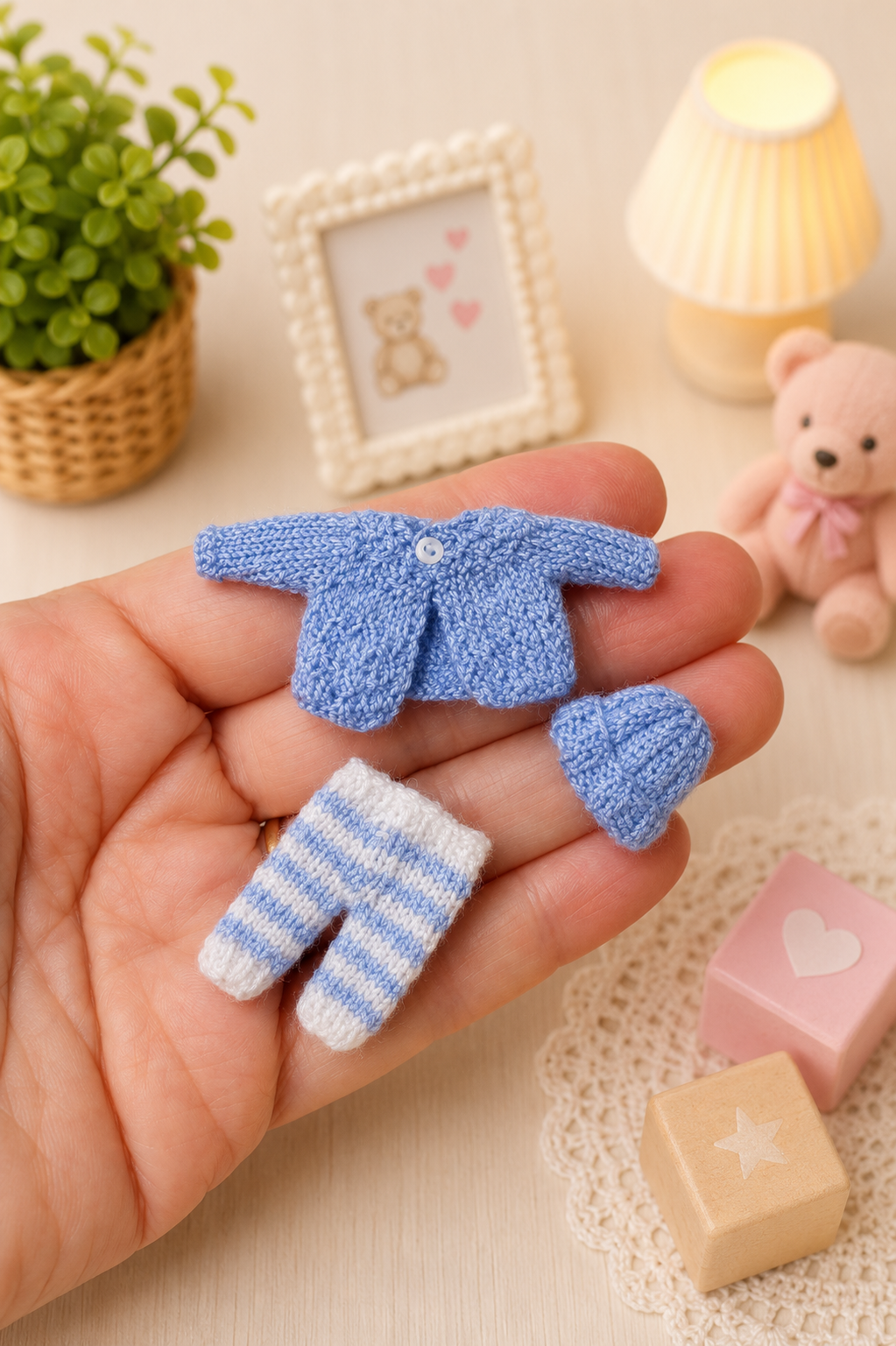 Miniature baby blue outfit with cardigan and pants – handmade 1:12 dollhouse