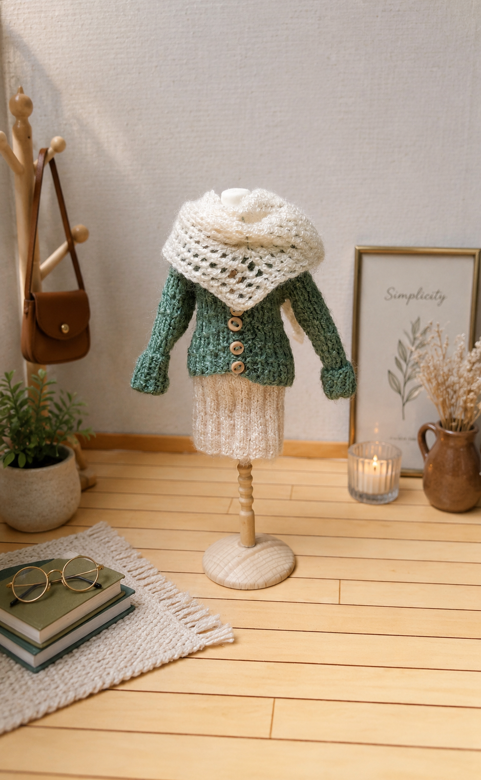 Handknitted miniature green chunky cardigan for dollhouse doll – 1:12 scale