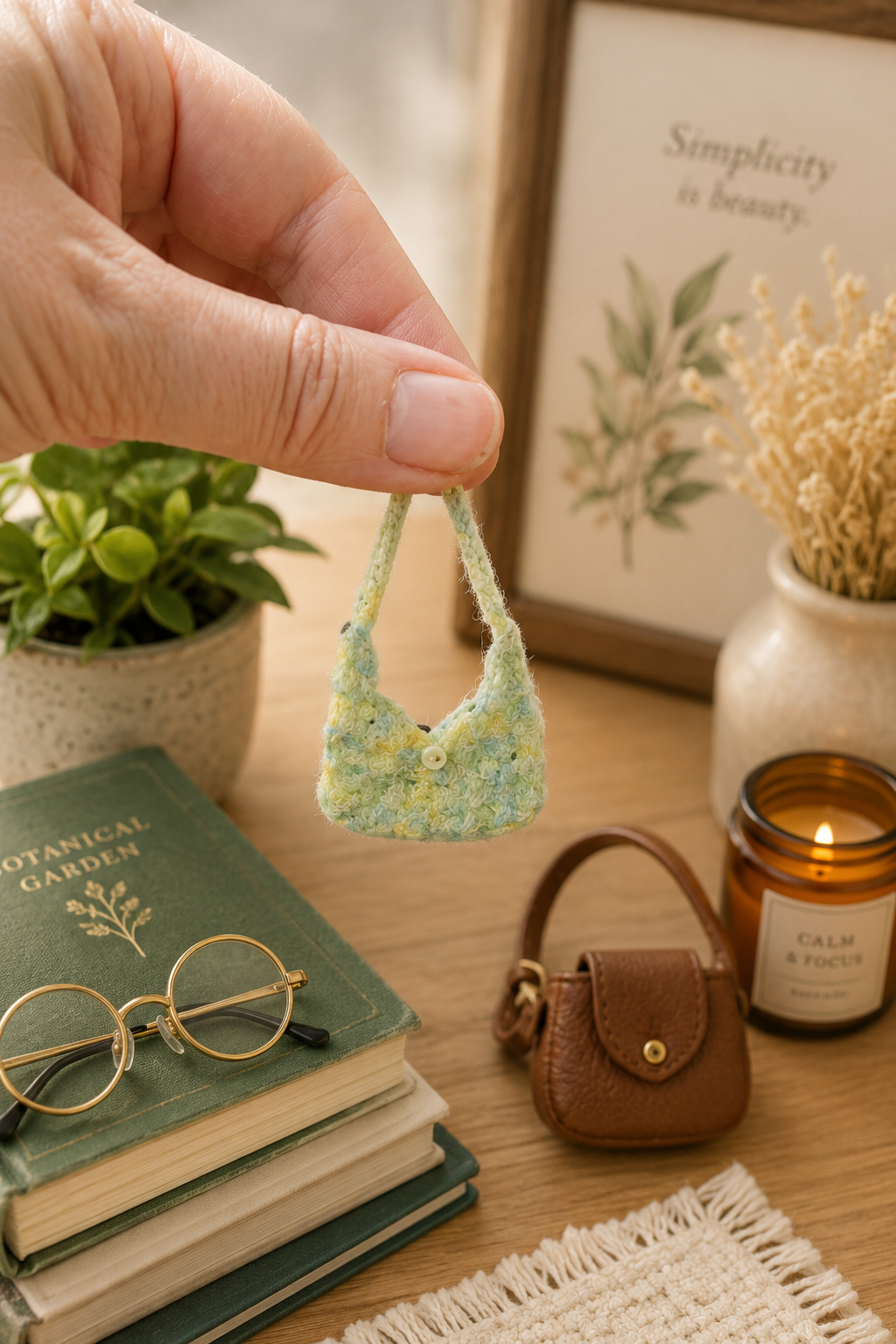 Handmade miniature crochet granny square doll purse in green – 1:12 scale dollhouse accessory