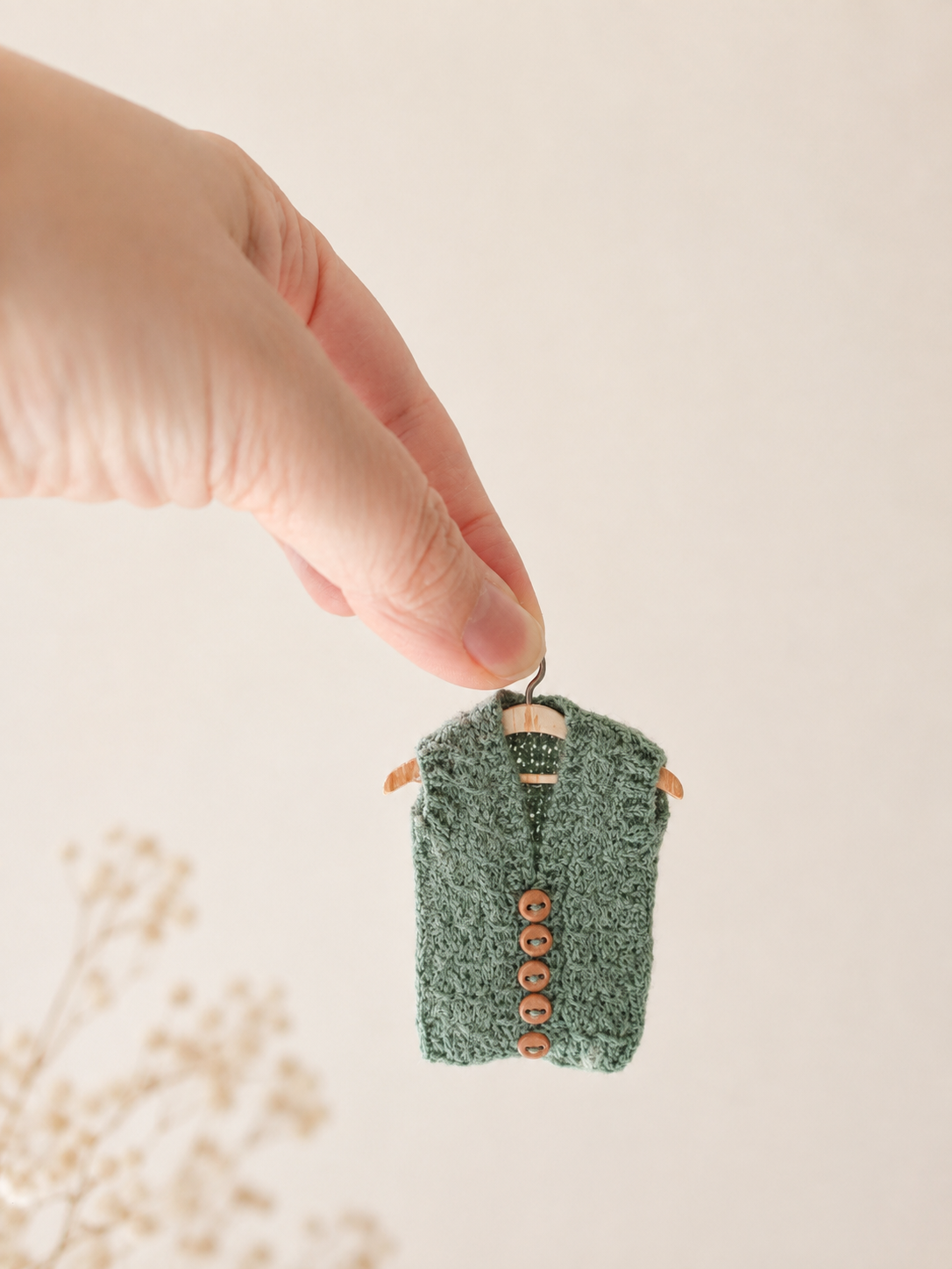 Tiny handknitted green waistcoat for 1:12 dollhouse – miniature doll clothes 