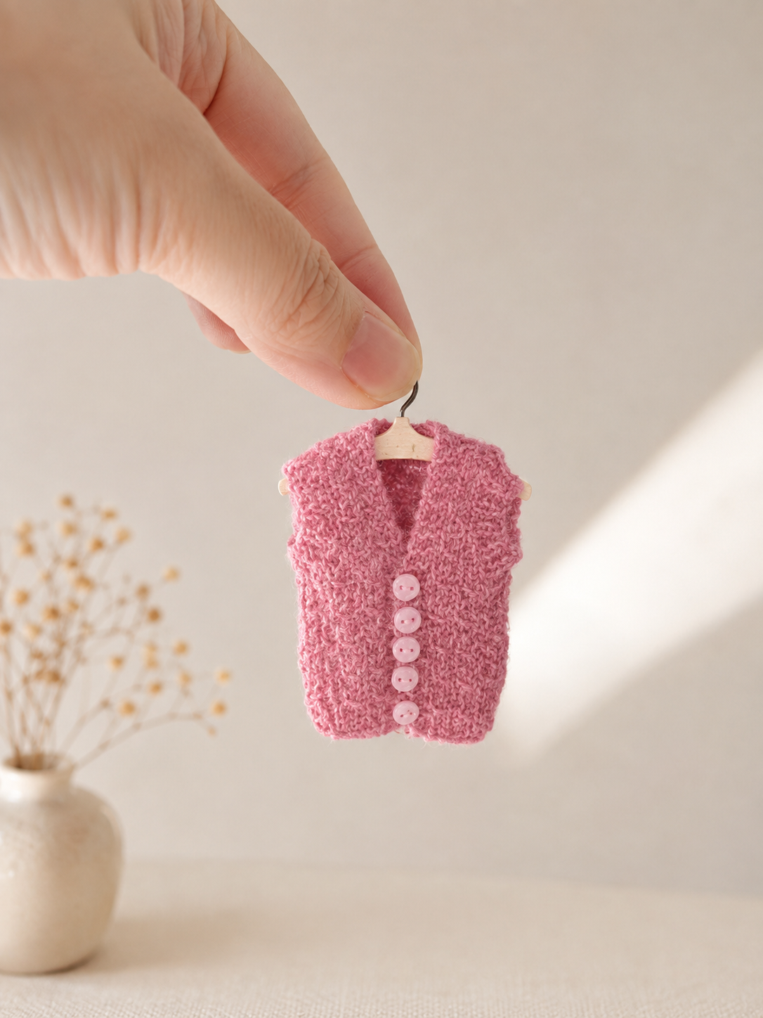 Tiny handknitted pink waistcoat for 1:12 dollhouse – miniature doll clothes