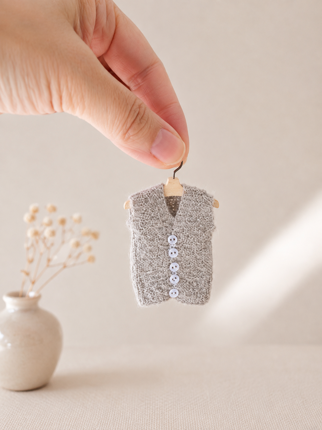Miniature knitted gray cardigan vest for dollhouse doll – 1:12 scale handmade