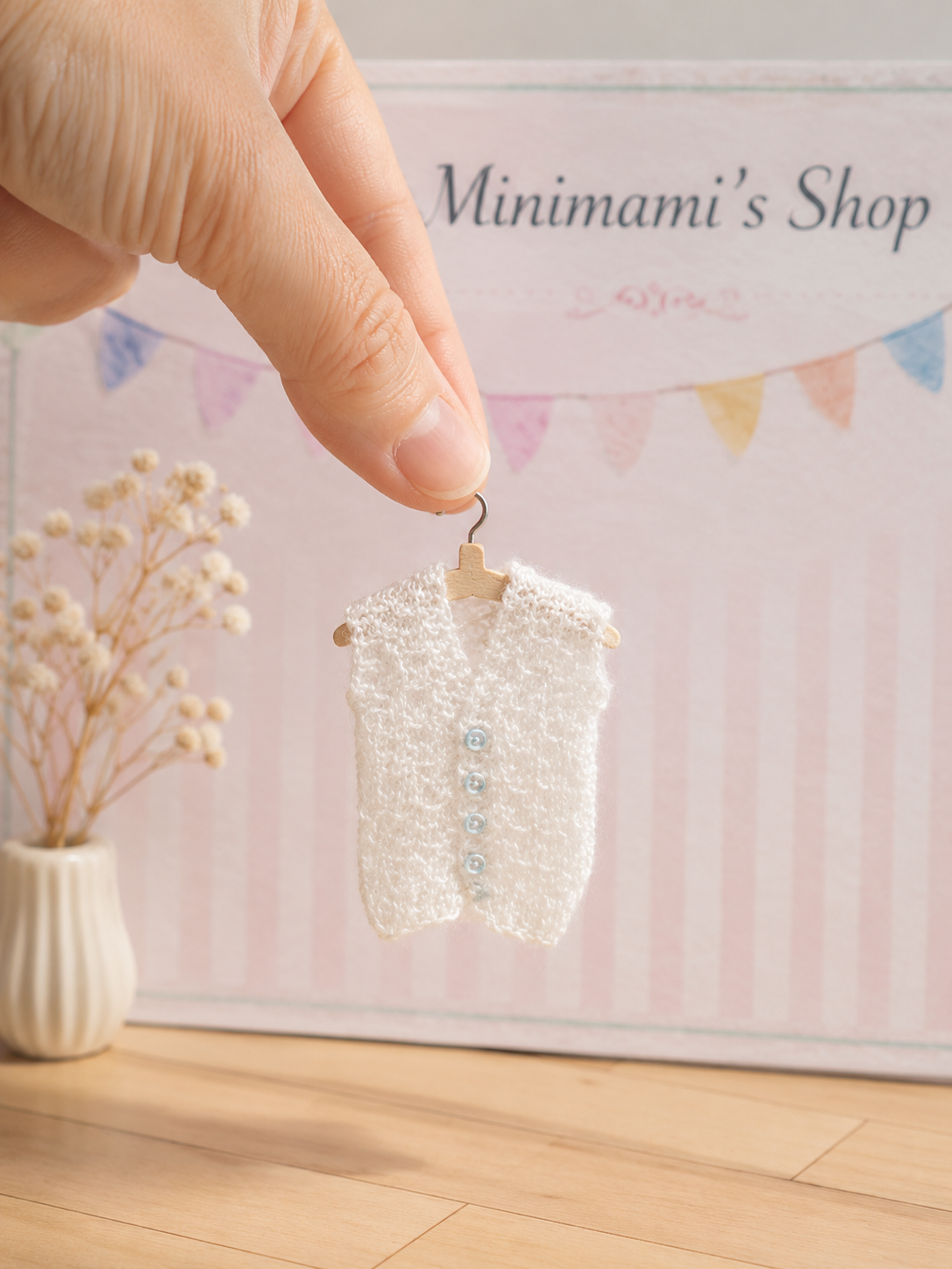 Miniature knitted white cardigan vest for dollhouse doll – 1:12 scale handmade