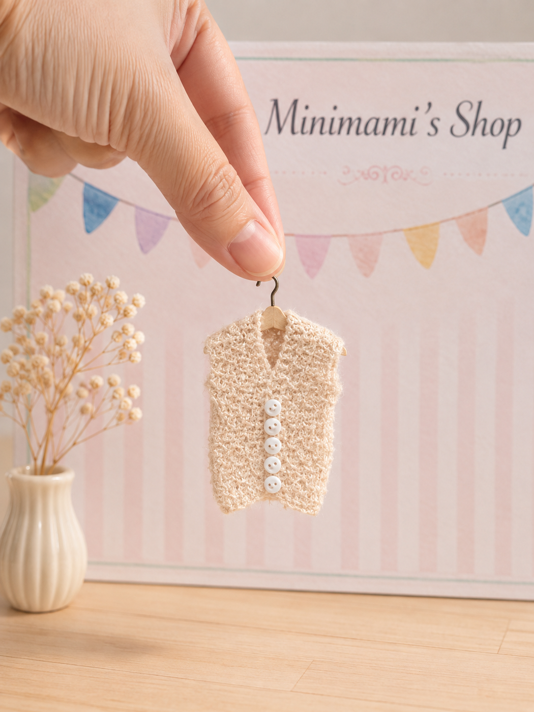 Miniature knitted waistcoat for dollhouse doll – handmade 1:12 scale cardigan vest in beige