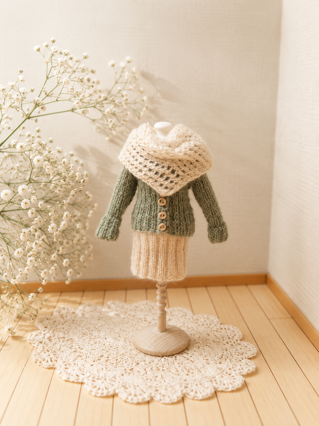 Tiny knitted shawl for dollhouse doll – handmade 1:12 scale miniature