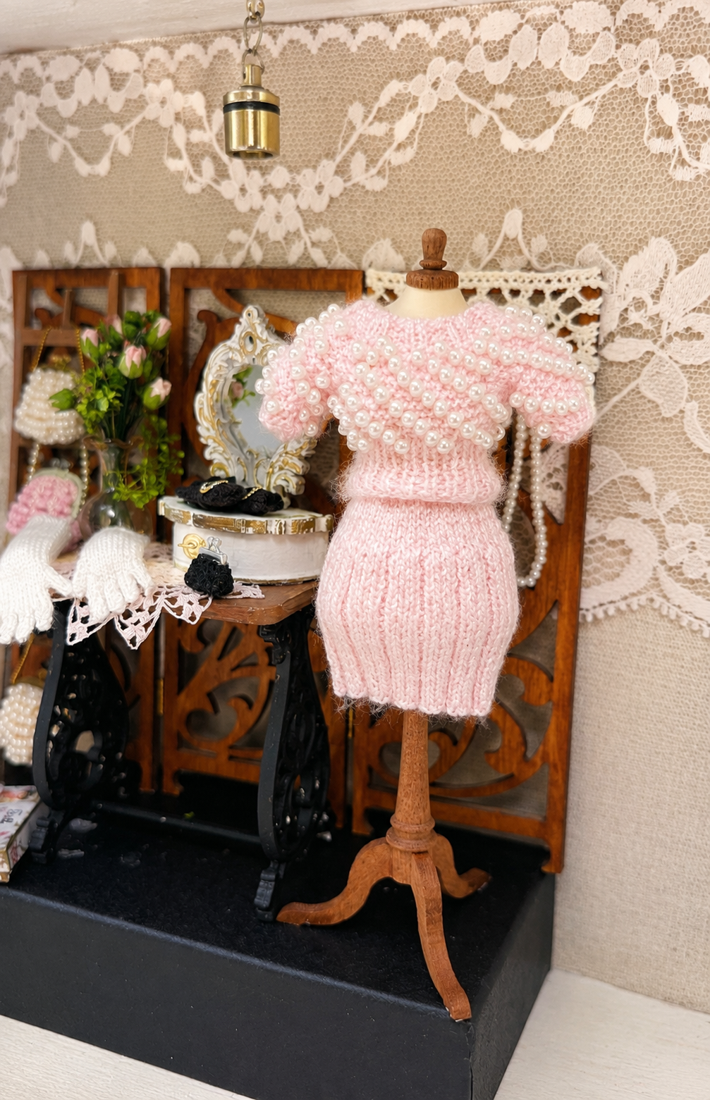 Miniature Pearl Beaded Sweater and Skirt Set for Dollhouse Doll – 1:12 Scale