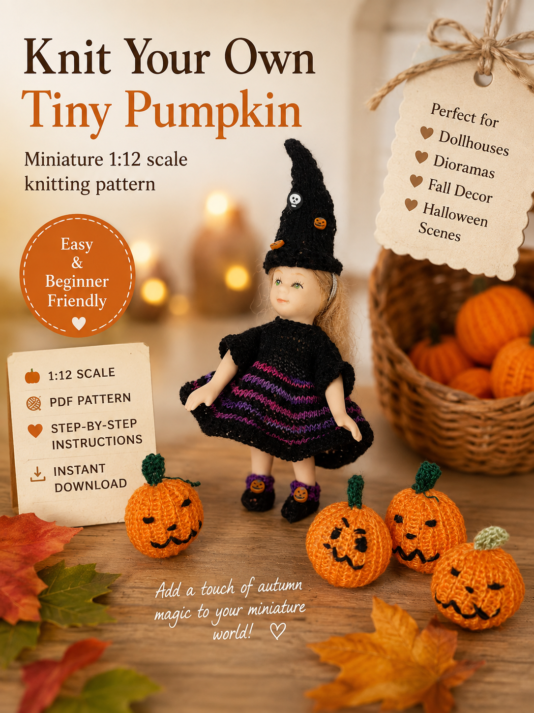Miniature pumpkin PDF pattern – handmade 1:12 scale dollhouse Halloween decor