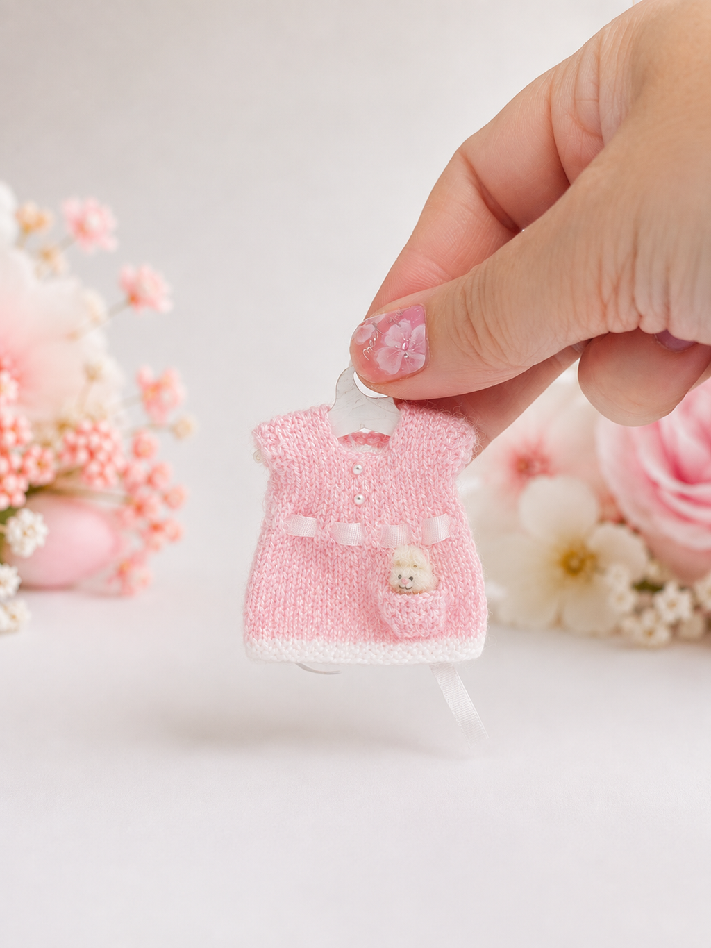 Miniature dollhouse pink toddler dress  with pocket – handknitted 1:12 scale doll clothing