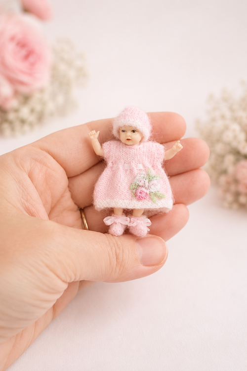 Miniature pink baby dress, hat and bootees set for dollhouse – handknitted 1:12 scale