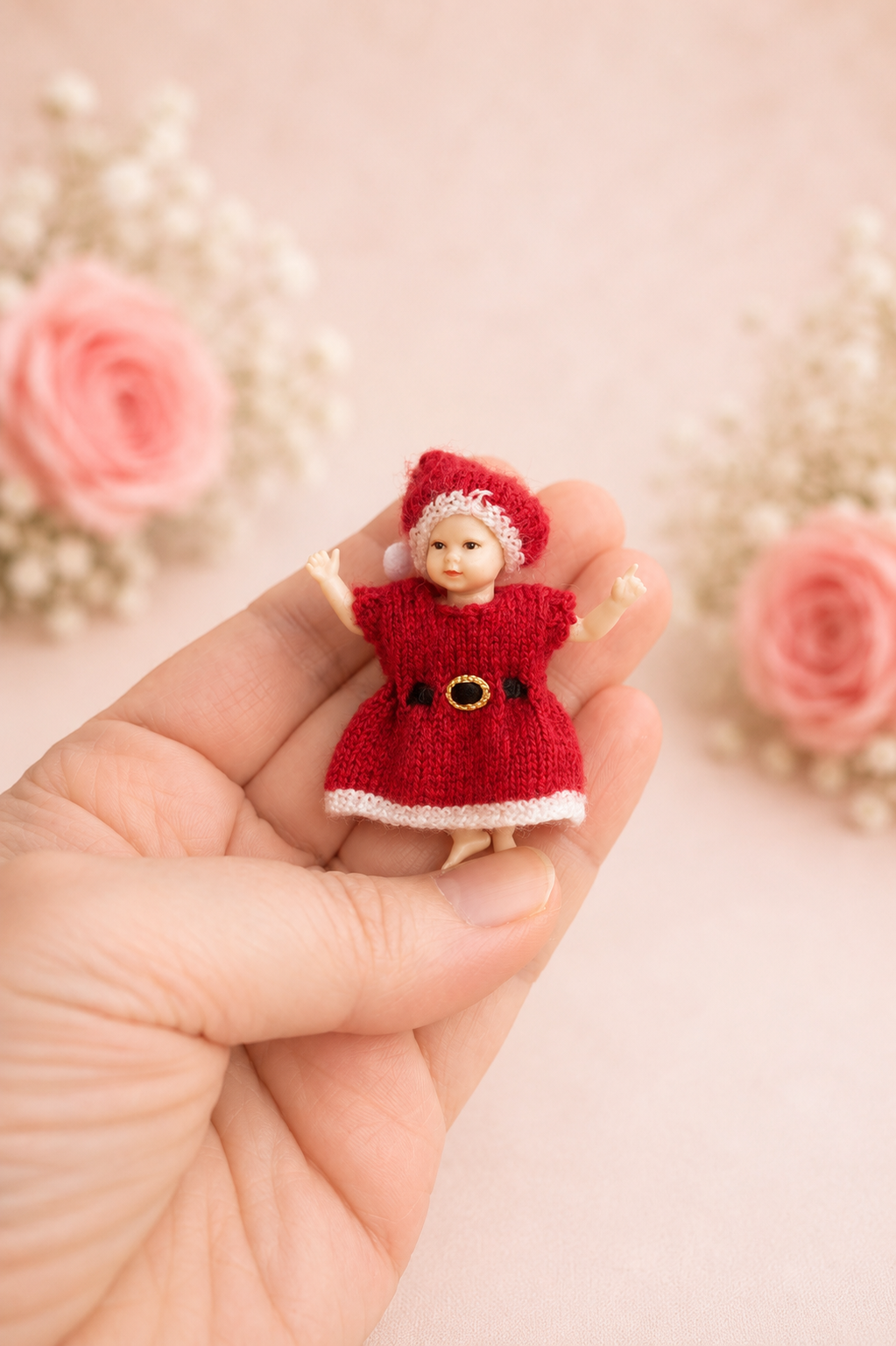 Handknitted miniature red baby doll dress, hat and knickers 1:12 scale dollhouse outfit