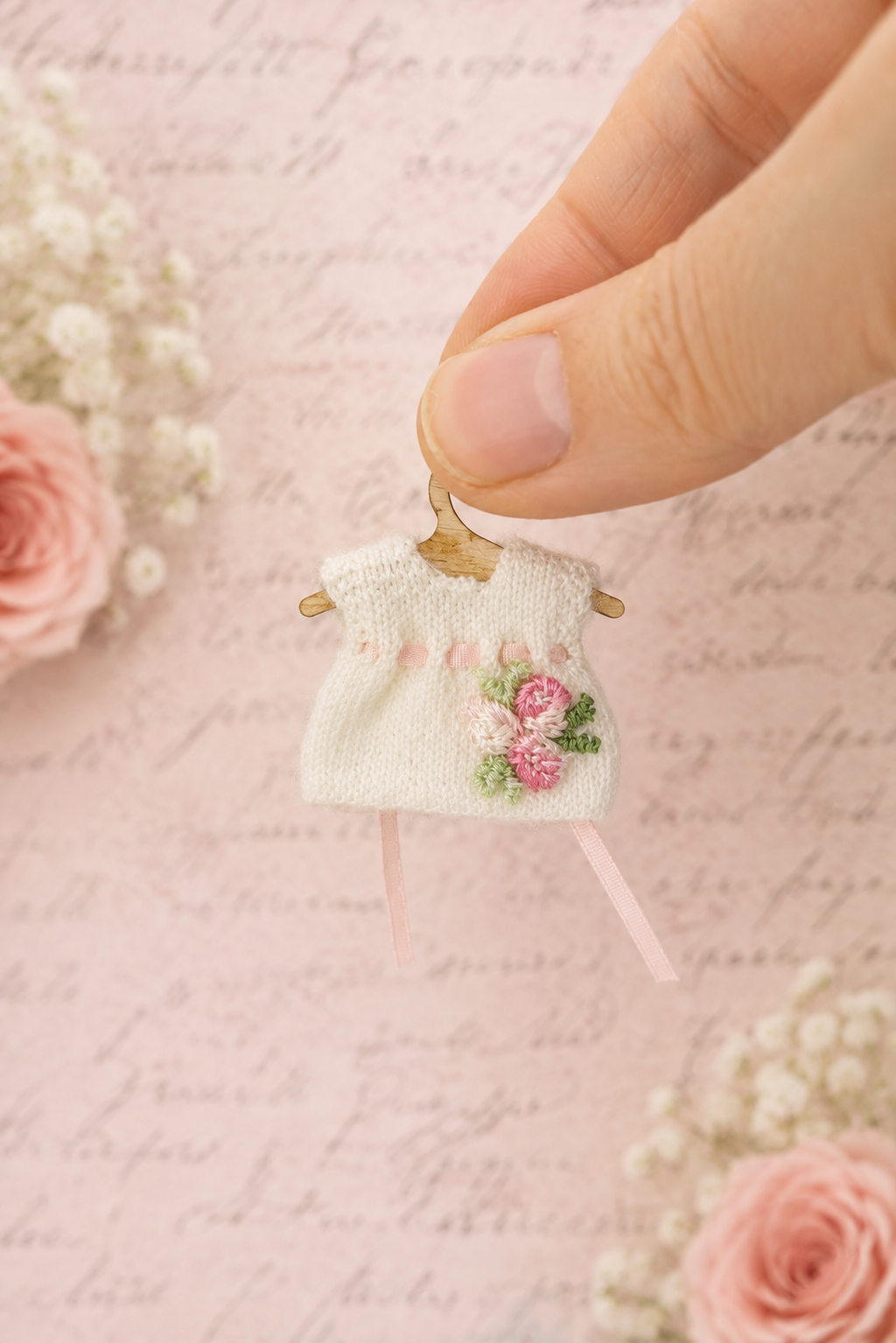 Miniature dollhouse white baby dress set with hat and bootees – handmade 1:12 scale