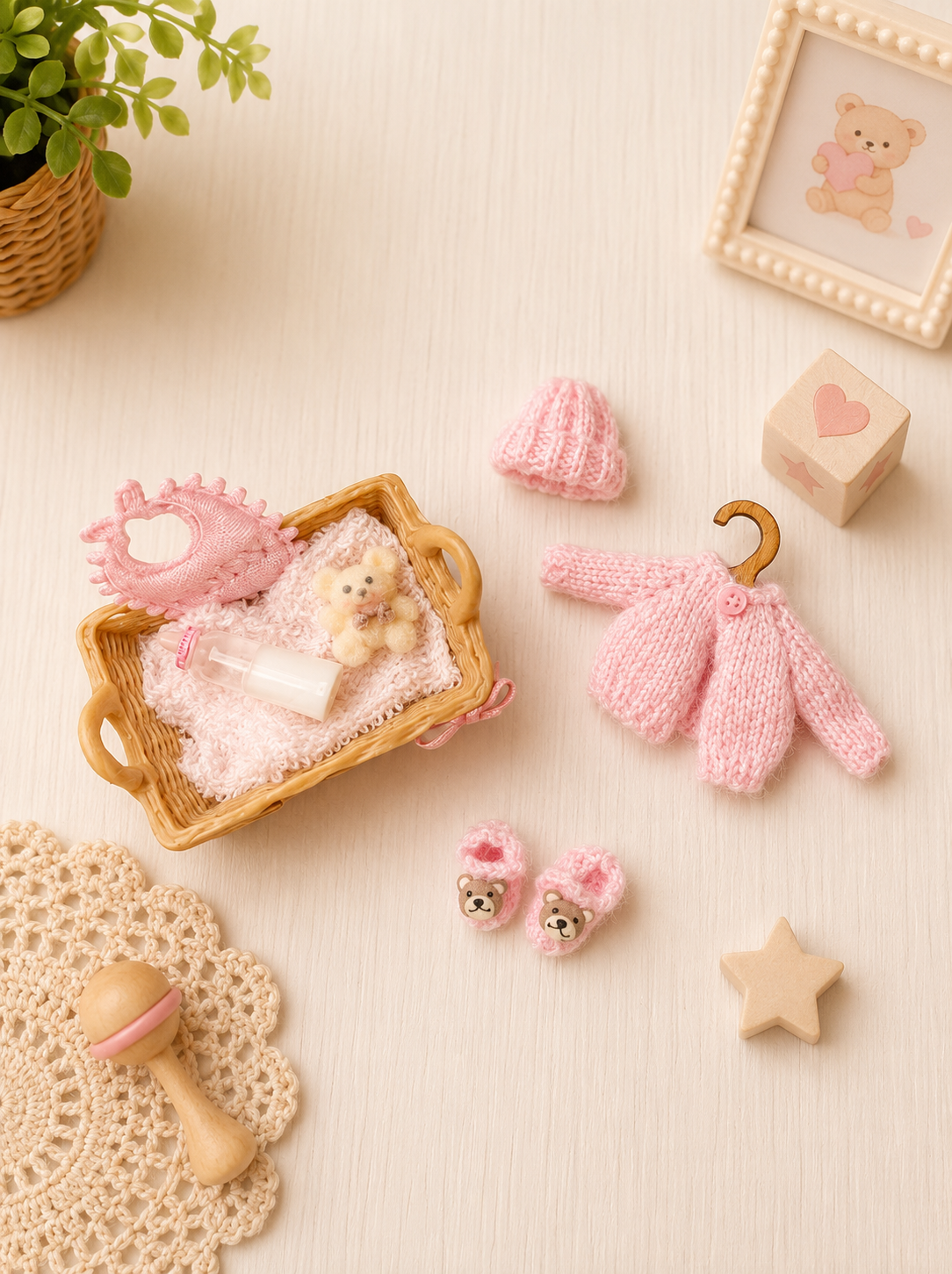 Handknitted miniature pink baby bootees , hat and cardigan – 1:12 scale dollhouse nursery accessory