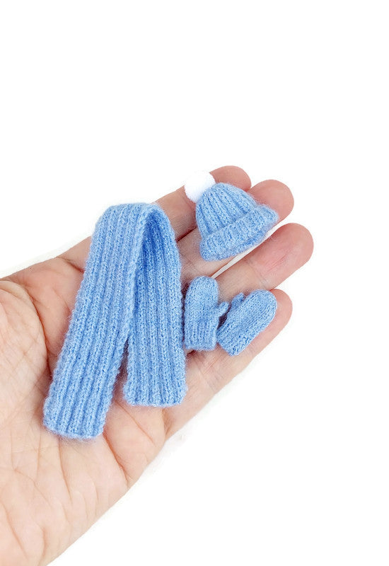 Blue Miniature blue bobble hat , mitts and scarf – handknitted 1:12 scale dollhouse doll clothes