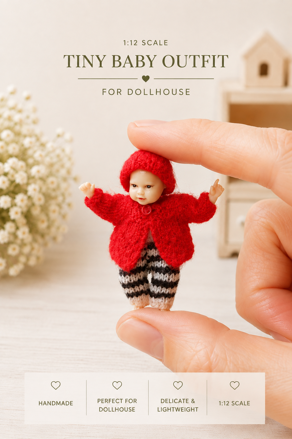 Miniature baby cardigan and pants set – handknitted 1:12 scale dollhouse outfit