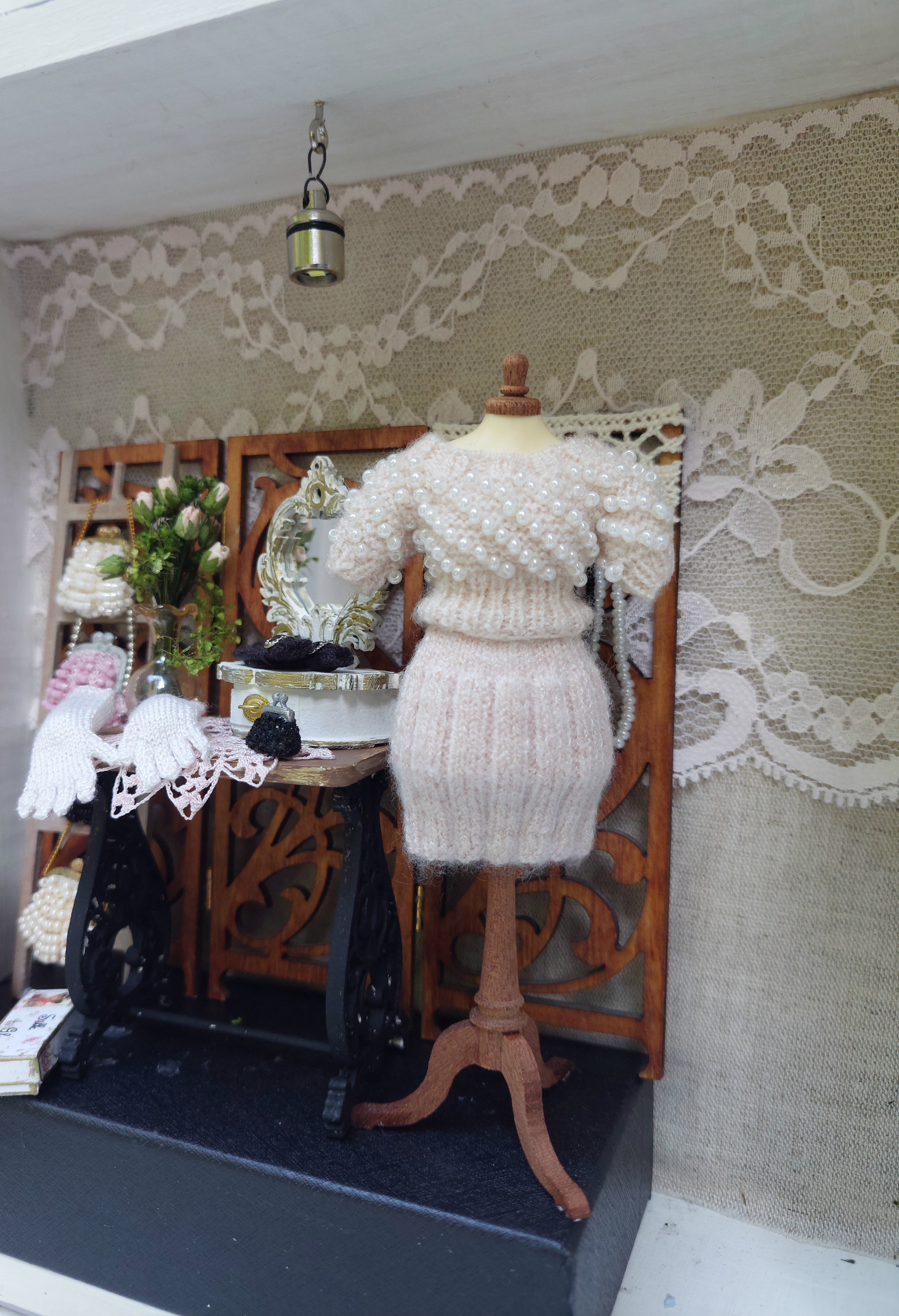 Miniature Pearl Beaded Sweater and Skirt Set for Dollhouse Doll – 1:12 Scale