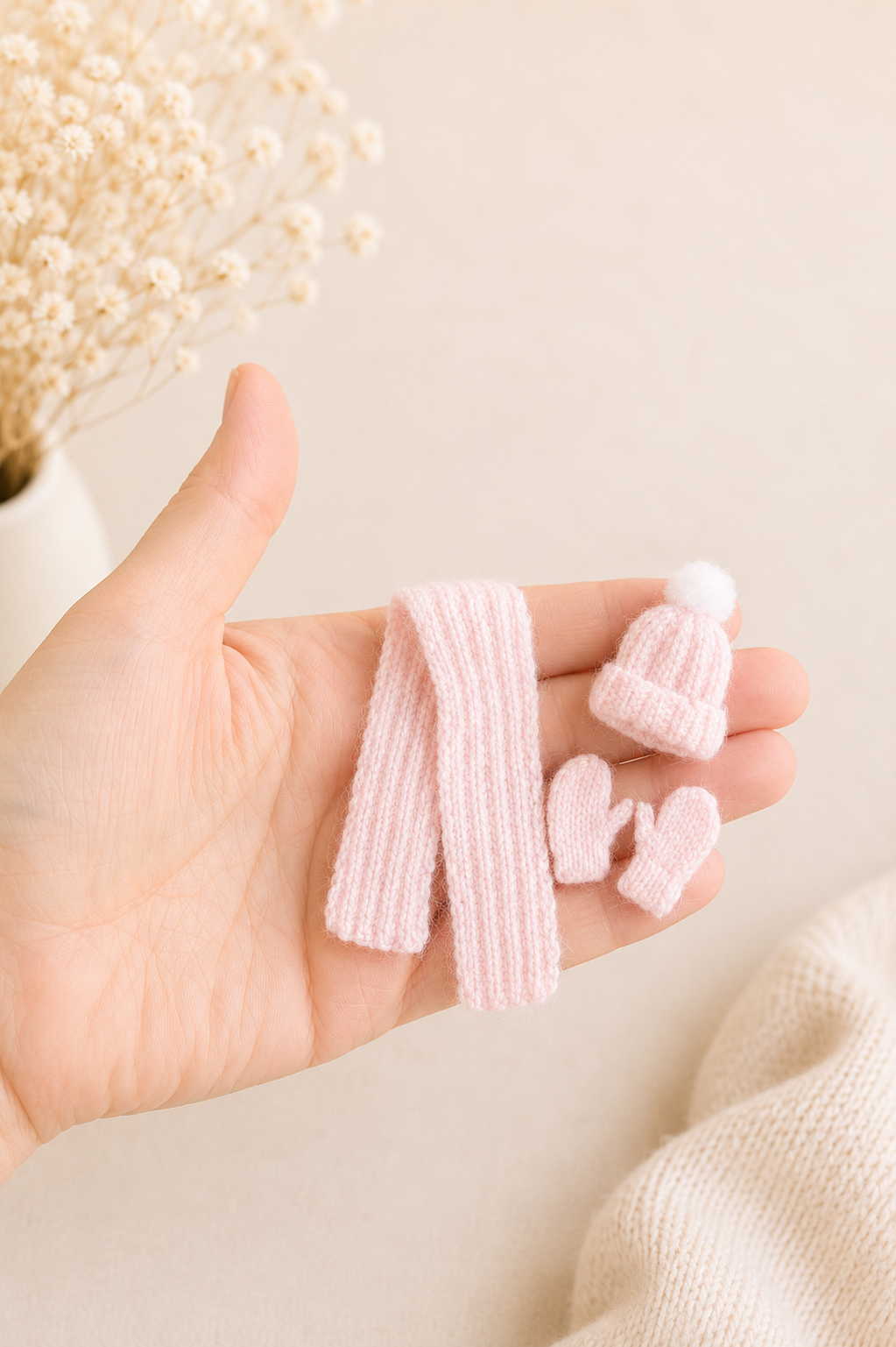 Tiny handknitted bobble hat, scarf and mittens in pink for dollhouse doll – 1:12 scale