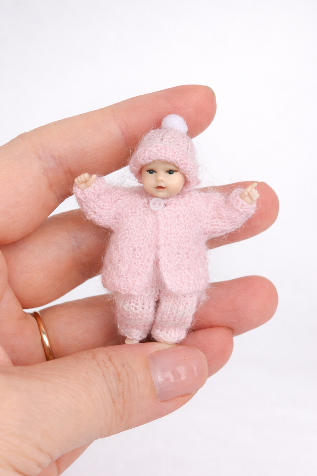 Tiny knitted baby cardigan and pants for dollhouse doll – 1:12 scale miniature
