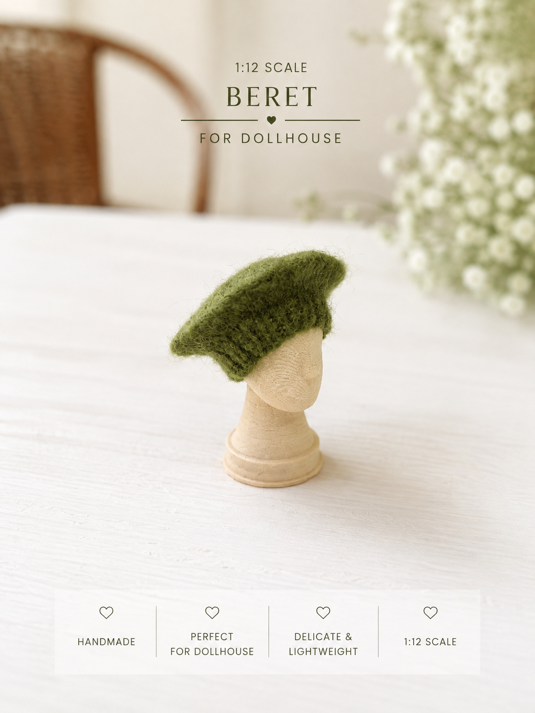 Handmade Wool Beret Hat for 1:12 Dollhouse – Miniature Winter Accessory