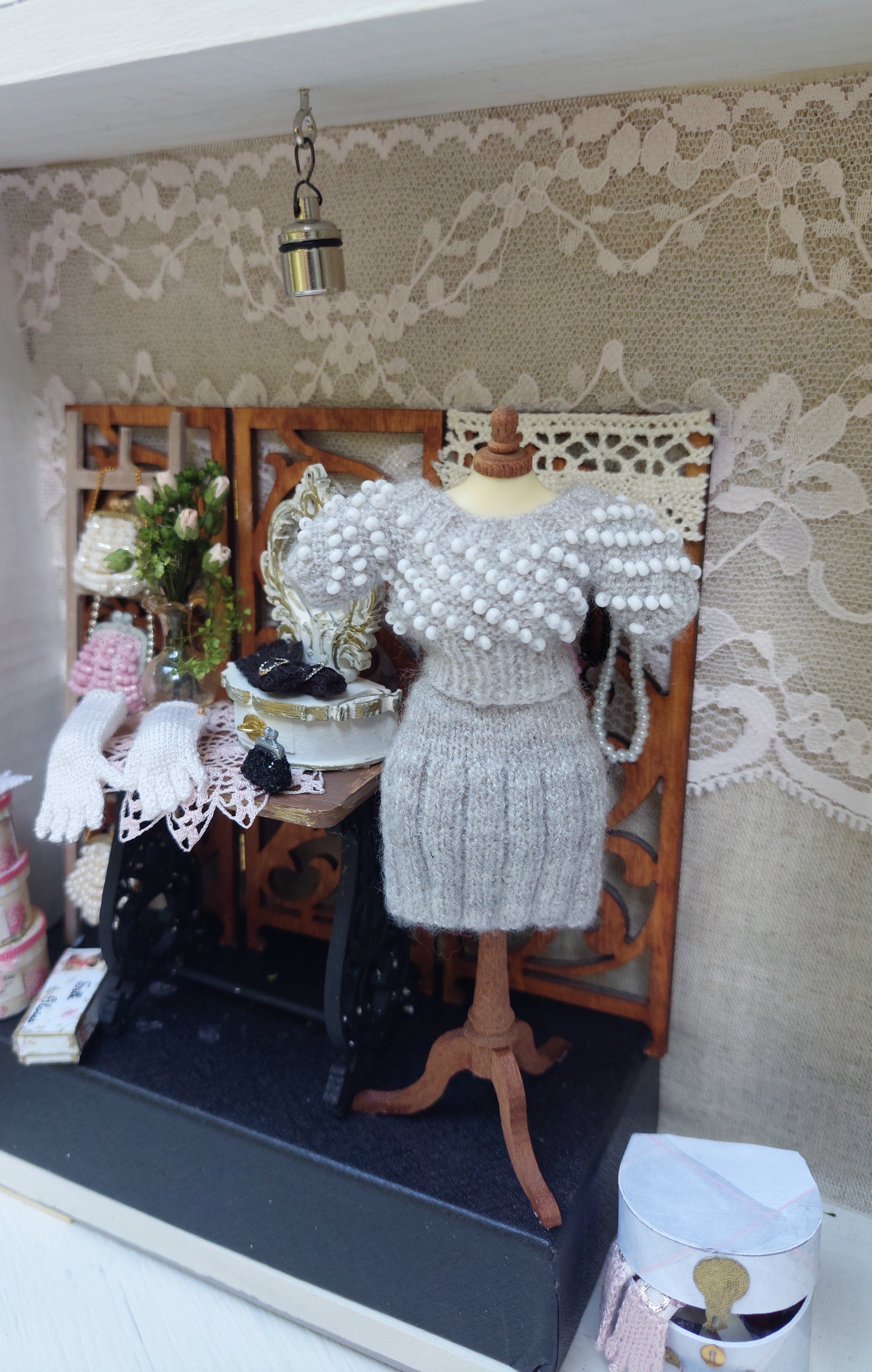 Miniature Pearl Beaded Sweater and Skirt Set for Dollhouse Doll – 1:12 Scale